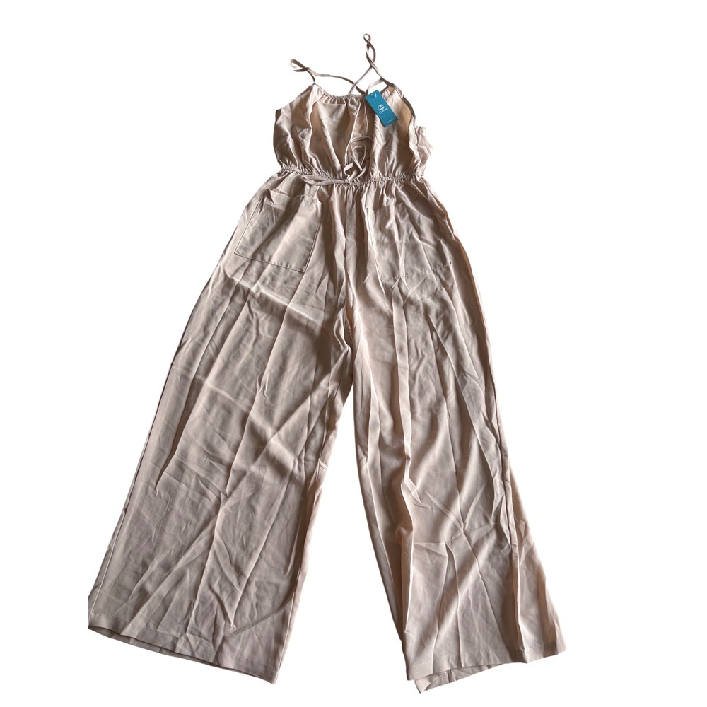 Cupshe Womens Beige/pink Wide Leg Jumpsuit Elastic Waist Tie Front Small‎